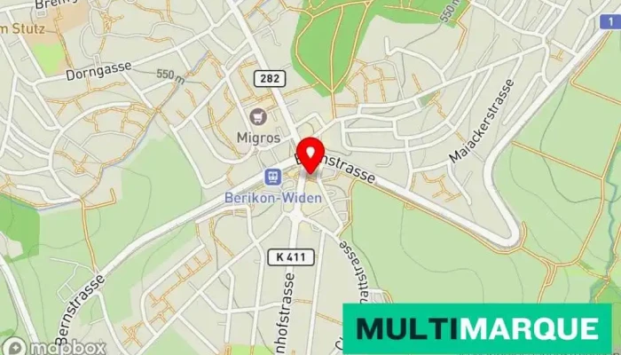Karte von Hügli Bahnhofgarage AG Autohändler, Karosseriewerkstatt, Kfz-Ersatzteilgeschäft, Autowerkstatt, Autowäsche, Kia-Händler, Subaru-Händler in Berikon