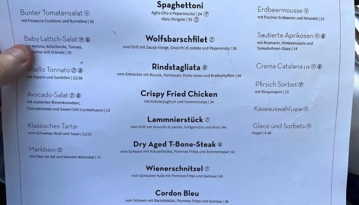 Restaurant Brauerei -  Speisekarte - Basel