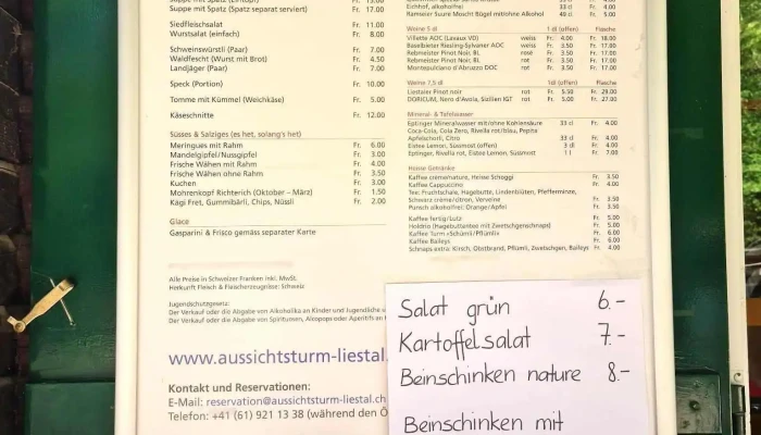 Turmwirtschaft Und Aussichtsturm Liestal -  Speisekarte - Liestal